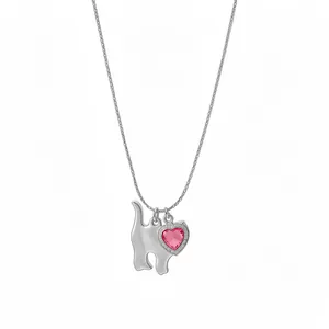 Elegante collana con ciondolo a forma di gatto in argento e cristallo rosa a forma di cuore