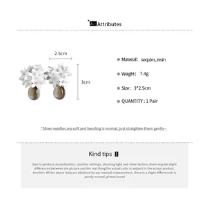 Detail view of white flower resin drop earrings with dimensions and material info