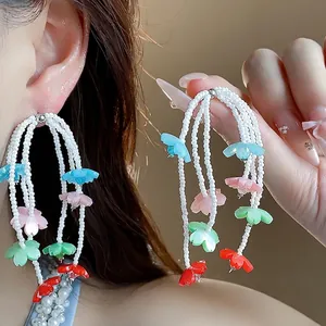 Fresh Resin Flower Tassel Stud Earrings With 925 Sterling Silver Earring Post Colorful Bohemian Style Jewelry For Women