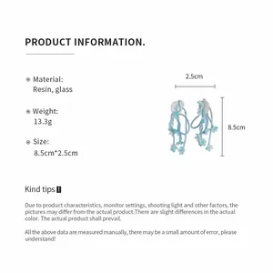 Product information for light blue resin flower tassel earrings with size dimensions