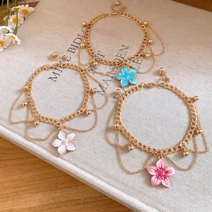 Luxury Gold Alloy Enamel Flower Pendant Anklet Bohemian Resort Style Multi Layer Foot Chain For Women Beach Fashion Jewelry