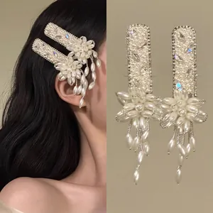 French Vintage Artificial Pearl Flower Tassel Hair Clip Rhinestone Alloy BB Clip Elegant Hair Accessories For Women Hairpin Decor