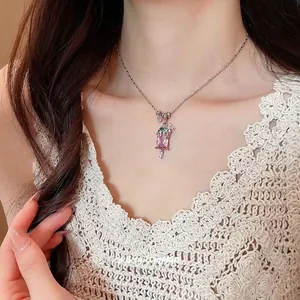 Collier Pendentif Crème Glacée d'Été pour Femmes en Cuivre Zirconia Rose Carré Décoration Fleur Chaîne en Argent Bijoux Fantaisie