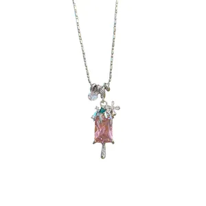 Collier d'été en argent avec zircon carré rose et pendentif en forme de fleur pour femme