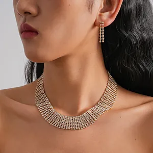 Exquisite Copper Rhinestone Tassel Choker Necklace And Drop Earrings Set Luxury Heavy Duty Statement Jewelry For Women Banquet Party