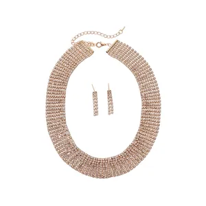 Luxury full rhinestone paved choker necklace and matching drop earring jewelry set