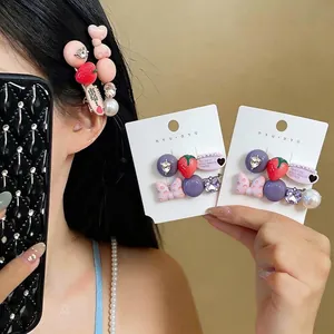 Exquisite Rhinestone Strawberry Polka Dot Bow Artificial Pearl Duckbill Hair Clip Pink Purple Korean Style Hair Accessories