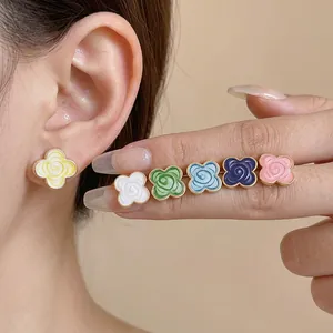 Colorful Camellia Flower Stud Earrings Set With 925 Sterling Silver Post Sweet Enamel Alloy Clover Floral Jewelry For Women