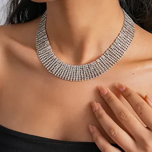 Close-up shot of an elegant multi-row rhinestone choker necklace worn by a model