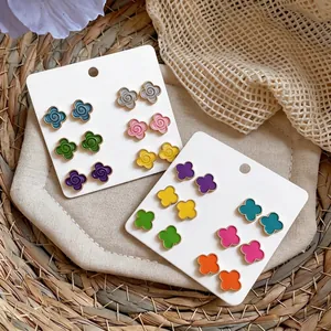 Colorful flower and clover stud earring set for women featuring vibrant dopamine colors