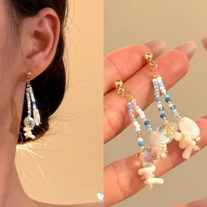 Bohemian Resort Style Beaded Drop Earrings For Women With Silver Earring Post Shell Artificial Pearl Water Drop Jewelry