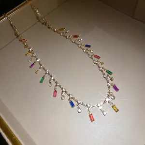 Sparkling gold choker necklace with colorful square acrylic pendants and crystal drops