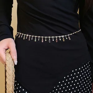Gold waist chain featuring colorful square acrylic pendants and sparkling rhinestones.