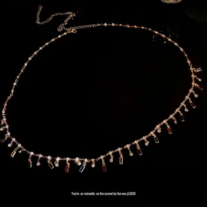 Gold chain necklace featuring colorful acrylic square pendants and sparkling rhinestones gift