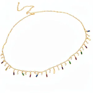 Colorful rectangular pendant necklace with gold chain and rhinestones for women