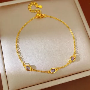 Minimalistisches Vergoldetes Kupferarmband Für Damen Lila Geometrische Zirkonia Eingelegt Oval Raute Anhänger Gliederkette Schmuck