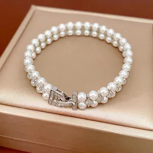 Elegant Double Layer Artificial Pearl Bracelet Zirconia D-Shaped Clasp Silver Color Copper Chain Jewelry For Women