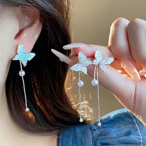 Sweet Butterfly Tassel Drop Earrings with Glass Wings Artificial Pearl and 925 Sterling Silver Earring Post for Women Jewelry