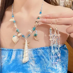 Starfish Shell Beaded Necklace And Earrings For Women Beach Resort Style Blue White Gold Summer Jewelry Accessories