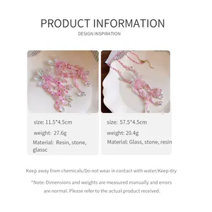 Dettagli del set di collana e orecchini con nappe di fiori e perline rosa