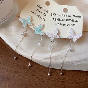 Elegant S925 silver needle butterfly earrings with pearl tassels in mint and pink