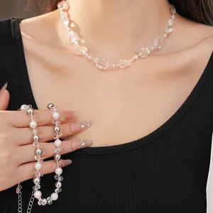 Elegante set di collana e bracciale in perle di cristallo con pietre geometriche