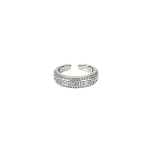 Elegant silver-toned adjustable open ring with rows of sparkling square and round rhinestones