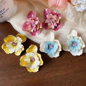 Dolci Orecchini a Bottone a Forma di Fiore in Tessuto Con Perno in Argento Sterling 925 Smaltato Stile Resort per Donna