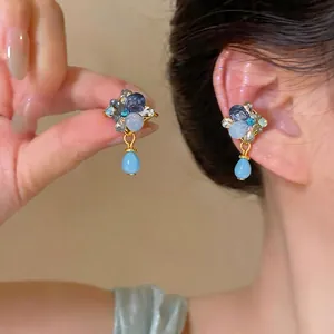 French Vintage Alloy Rhinestone Rhombus Water Drop Ear Clips For Women No Piercing Elegant Ear Bone Clip Jewelry Gift
