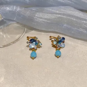 Vintage French diamond-shaped rhinestone clip-on earrings with elegant blue drop beads