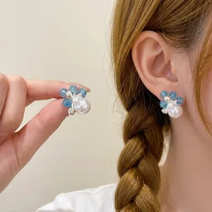 Korean Minimalist Flower Stud Earrings With Artificial Pearl And Rhinestone Niche Design Elegant Accessories For Women