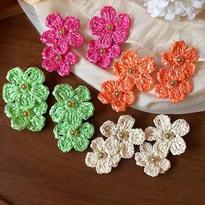 Exaggerated Resort Style Raffia Flower Stud Earrings For Women Handmade Woven Double Layer Floral Earrings With Silver Post Fashion Jewelry