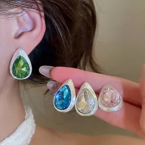 Vintage Palace Style Teardrop Brushed Metal Stud Earrings For Women With 925 Sterling Silver Earring Post Alloy Rhinestone Jewelry