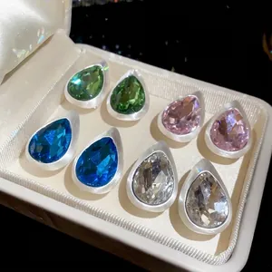 Elegant teardrop brushed metal stud earrings with colorful faceted crystal stones