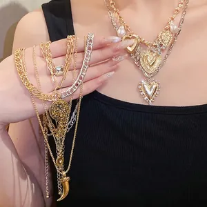Vintage Alloy Rhinestone Artificial Pearl Layered Necklace For Women Gold Silver Mixed Heart Coin Horn Pendant Necklace Jewelry