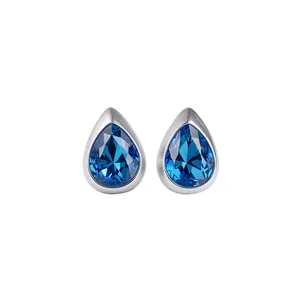 Elegant silver needle teardrop stud earrings with blue pear-cut crystals