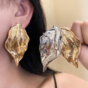 Minimalist Alloy Wrinkled Leaf Drop Earrings For Women 925 Sterling Silver Earring Post Fashion Plated Gold Silver Ear Studs Jewelry