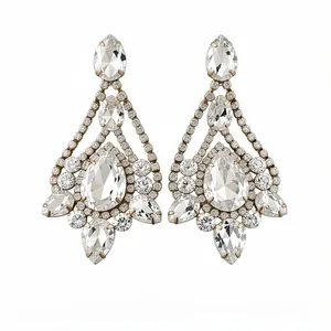 Elegant silver needle chandelier earrings with teardrop crystals and brilliant pavé details