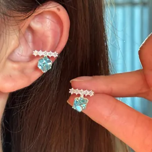 Korean Style Light Luxury Blue Square Zirconia Ear Cuff Non Pierced Copper Silver Plated Geometric Single Ear Clip Jewelry