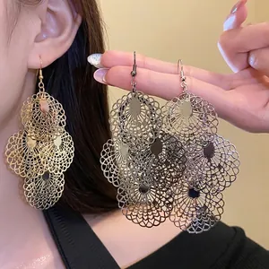 Fashion Metal Round Lace Hollow Out Drop Earrings For Women Bohemian Oversized Statement Geometric Ear Hooks Party Jewelry