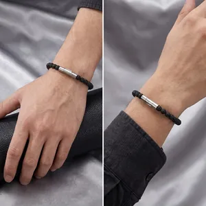 Bracciale in perle di pietra lavica nera naturale con chiusura magnetica in acciaio