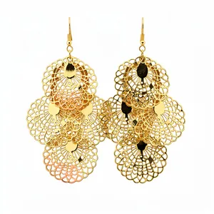 Large gold filigree hollow-out drop earrings with elegant lace patterns for women