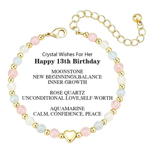 Bracelet en Perles Cœur en Acier Inoxydable Quartz Rose Aigue-marine Pierre de Lune Bijoux Cadeau Anniversaire Femme