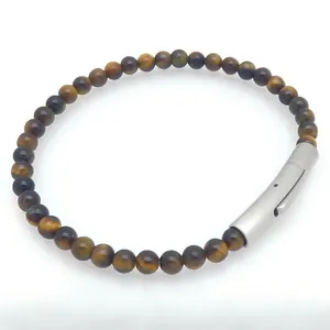 Bracciale di perle in occhio di tigre naturale con chiusura in acciaio inossidabile
