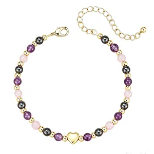 Bracelet élégant en perles d'acier inoxydable avec cristaux roses, violets et cœur.
