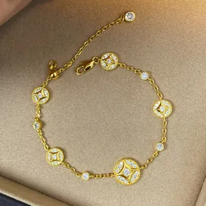 18K Gold Plated Copper Bracelet With Zirconia Circular Pendants Neo-Chinese Vintage Luxury Style Jewelry For Women
