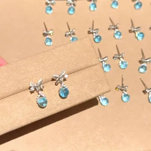 Bowknot Sea Blue Zirconia Waterdrop Stud Earrings Fashion Niche Advanced Sense Copper Jewelry With Steel Posts For Women