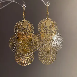 Intricate gold filigree hollow lace circular drop earrings with elegant hook design