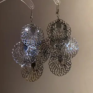Close-up macro detail of silver-tone filigree lace layered round cutout drop earrings