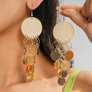 European Metal Style Round Sequin Tassel Earrings For Women Gold Plated Oversized Fringe Drop Earring Personalized Fashion Jewelry Gift